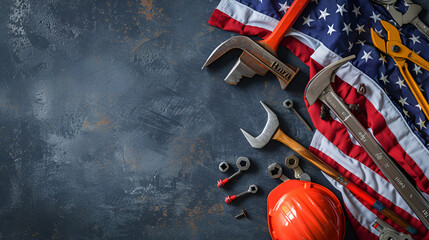 Top view design concept of   Labor Day with working tools on gray table background