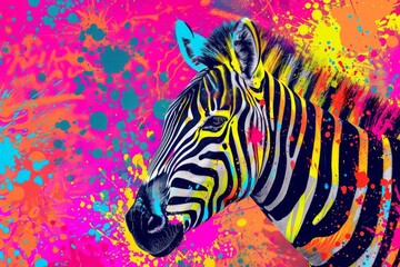 Energetic Abstract Zebra, Vibrant Splattered Paint Background, Modern Digital Art
