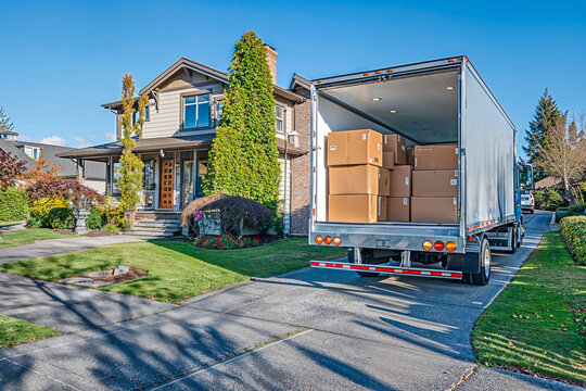 Open moving truck filled with cardboard boxes in driveway of suburban house, movers, relocation