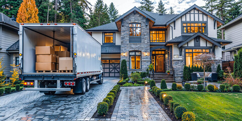 Open moving truck in driveway of upscale suburban house, wide banner - obrazy, fototapety, plakaty