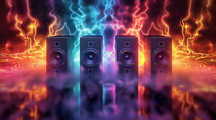 Music sounds speaker system on colorful bokeh background, The sound wave on the audio equipment...