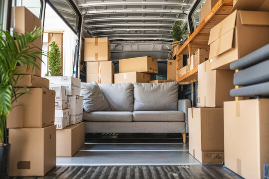 Back of a moving van with furniture, plants and cardboard boxes, interior