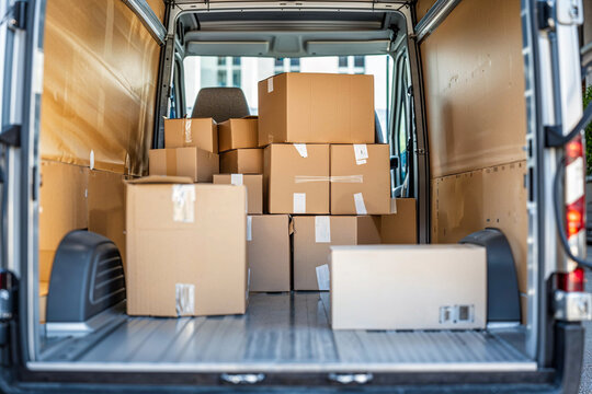 Back of a moving van packed with cardboard boxes, interior, relocation, loading and unloading