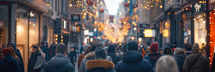 A busy street scene features people walking in the background, with a festive atmosphere and a critique of consumer culture. - obrazy, fototapety, plakaty