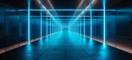 Geometric corridors lead into a black background illuminated by blue lights, creating a surrealistic urban scene. - obrazy, fototapety, plakaty