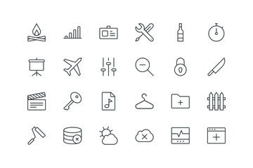 Fototapeta premium Badge,Bar chart,Bonfire,Boy,Browser plus,Cardiogram,Cloud cross,Cloudy,Database cross,Fence,Folder plus,Hanger,Image file,key,Kitchen knife,Lock,Magnifier minus,set icons, vector illustration