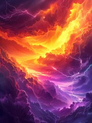 Colorful storm in a surreal sky, lightning dances close-up