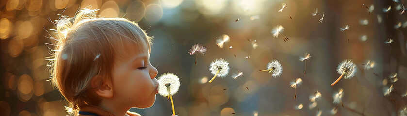 A profile shot of a toddler boy blowing a dandelion, with the seeds dispersing around him