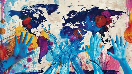 A map of the world with rivers highlighted in blue, flowing towards hands of different colors coming together in the center. Express the global nature of the water crisis
