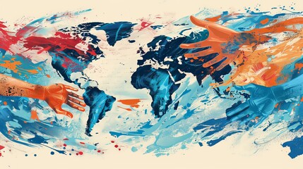 A map of the world with rivers highlighted in blue, flowing towards hands of different colors coming together in the center. Express the global nature of the water crisis