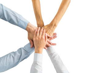 Diverse hands joined in support against white background, unity and teamwork concept - 765692576