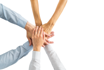 Diverse hands joined in support against white background, unity and teamwork concept