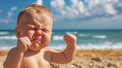 baby on the beach making a face and shaking fists in the air