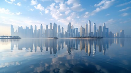 Serene water reflects the towering urban skyline
