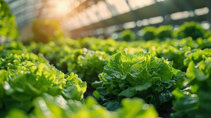 Machine harvests fresh lettuce in sunny greenhouse - obrazy, fototapety, plakaty