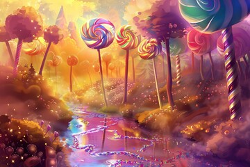 Whimsical Digital Painting of a Magical Candy Land with Lollipop Trees and Chocolate Rivers