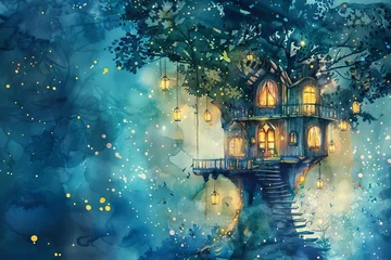 Crédence de cuisine en verre imprimé Forêt des fées Whimsical tree house in a magical forest with glowing lanterns and fireflies, watercolor illustration