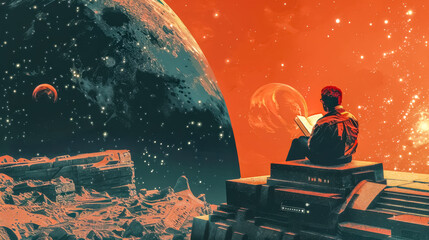 Cosmic reader: a man and his book against a sci-fi backdrop