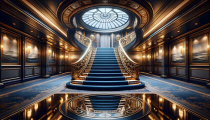 A grand and luxurious ship's interior with an opulent double staircase leading to an illuminated circular skylight. The stairs are carpeted in rich blue, with ornate gold-accented balustrades