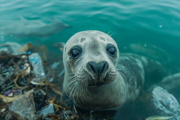 Fototapeta premium Marine animals that must face environmental disasters Garbage and plastic in the sea 