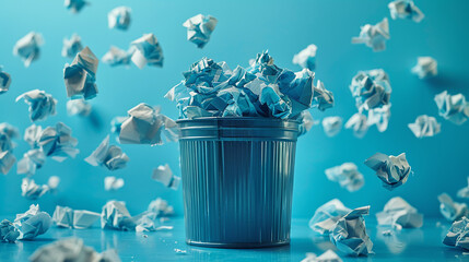 Close-up of a small trash bin overflowing with crumpled paper, symbolizing rejected ideas and the iterative process of innovation - obrazy, fototapety, plakaty