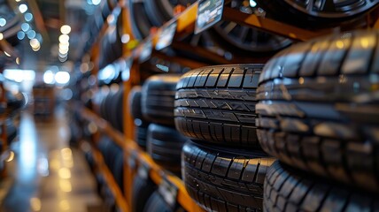 Fototapeta na wymiar Orderly display of car tires on racks in a well-lit tire shop