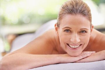 Woman, portrait and spa luxury for massage wellness at zen resort for tropical holiday, vacation or...
