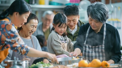 A multigenerational Asian family volunteers at a local soup kitchen, working side-by-side to serve food to others, with smiles of unity and purpose. - obrazy, fototapety, plakaty