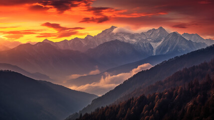 Fototapeta premium A stunning landscape photograph of snow-capped mountains at sunset. The warm colors of the sky and the soft light create a peaceful and serene scene.