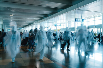  Blurred Motion of People Walking in a Busy Transparent Modern Terminal - obrazy, fototapety, plakaty