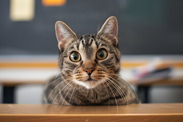 cat sitting in a school classroom