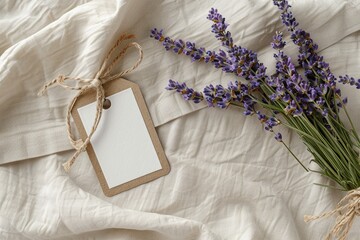 Ein kleiner Strauß Lavendel mit einem leeren Hängeetikett zum beschriften 