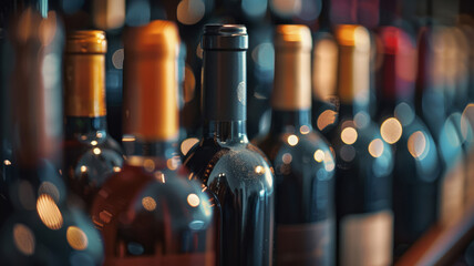 Close-up shot highlighting the elegance of assorted wine bottles - obrazy, fototapety, plakaty