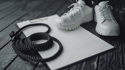 Black fitness rope coiled beside sneakers and blank workout plan