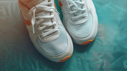 Sporty sneakers aligned on a bicolor surface