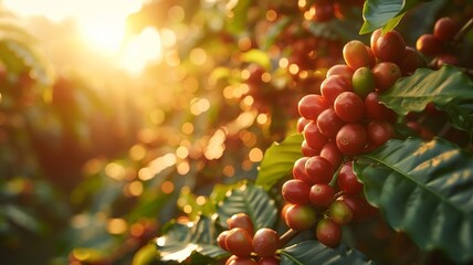 Fresh coffee cherries ready for harvest in the morning light - obrazy, fototapety, plakaty