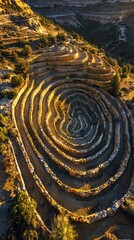 Fototapeta na wymiar Explore the vast beauty of land art with a panoramic perspective, highlighting the scale and integration of man-made creations with the natural landscape 