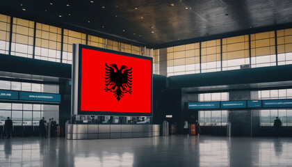 Albania flag in the airport terminal. Travel and tourism concept. - obrazy, fototapety, plakaty