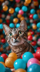 Fototapeta na wymiar Cat Sitting in Ball Pit Surrounded by Balls