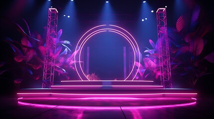 energetic purple stage with neon lights, backdrop,