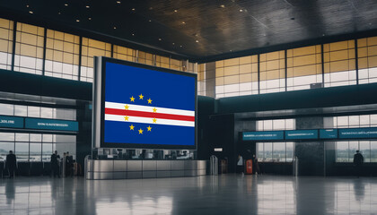 Cape Verde flag in the airport terminal. Travel and tourism concept.