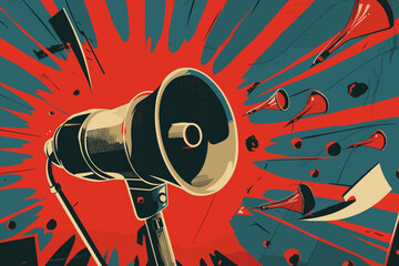 Attention Please! Urgent Announcement - Business People with Megaphone, Warning Sign. Important Message Communication, Beware Symbol, Careful Notification. Vector Illustration for Web, Ad, Poster. - obrazy, fototapety, plakaty