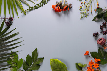 Composition made of meadow flowers and leaves on gray background. Flat lay. View from above