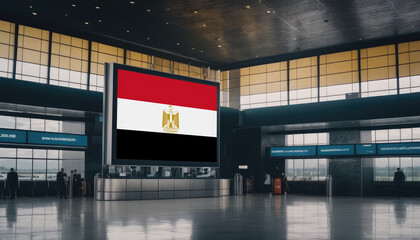 Egypt flag in the airport terminal. Travel and tourism concept.