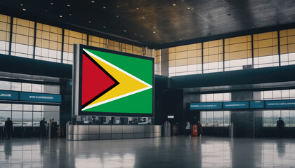 Guyana flag in the airport terminal. Travel and tourism concept.