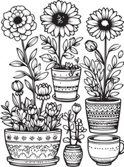 Flower and pot outline vector, Floral Decoration Branch Leaf.