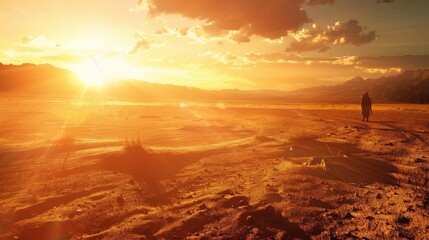 A panoramic shot of a sprawling desert landscape, with a lone figure walking towards the setting sun. (epic, establishing shot) - obrazy, fototapety, plakaty