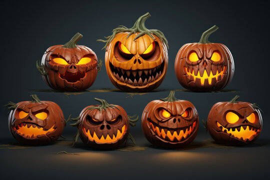 Array of Frightening Jack-o-Lanterns with Glowing Faces for a Halloween Celebration