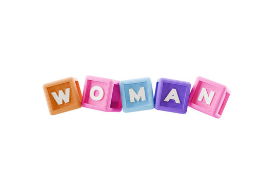 building block cubes spelling out WOMAN, on transparent background