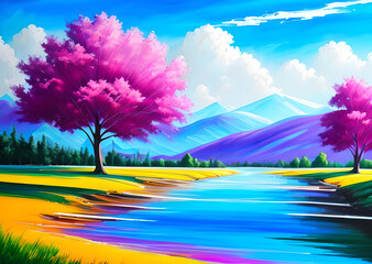 Fototapeta premium landscape in a fabulous forest, rainbow spectrum of colorful autumn trees in unusual neon lighting, fog background autumn fantasy painted, mountain and forest terrain, Generative AI 